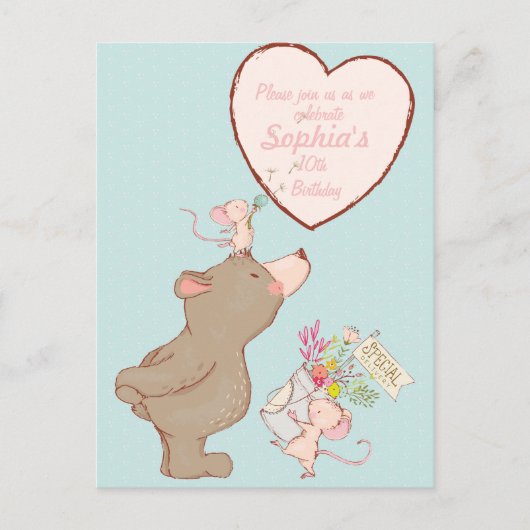 クマとマウスの子ども誕生日招待状 インビテーションポストカード (正面)