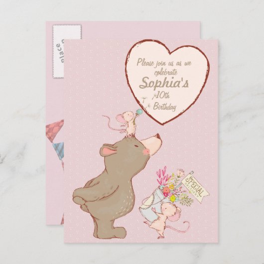 クマとマウスの子ども誕生日招待状 インビテーションポストカード (正面/裏面)