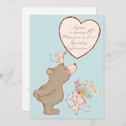 クマとマウスの子ども誕生日招待状 招待状 (正面/裏面)