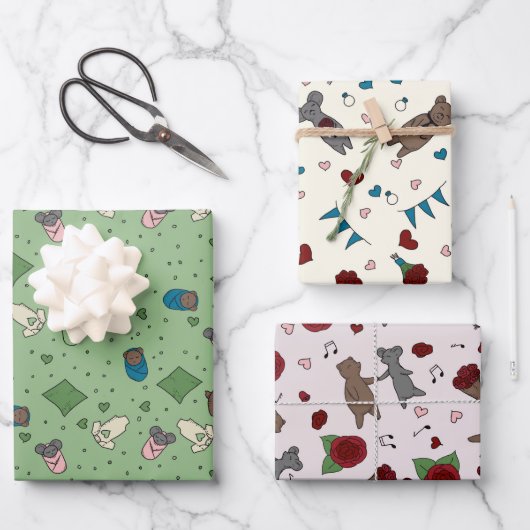 クマとマウスロマンス結婚デートすることベビー ラッピングペーパーシート (正面)