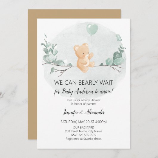 クマとユーカリの赤ちゃんシャワー 招待状 (正面/裏面)