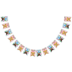 クマとライオンの子ブルーピンクの名パーソナライズされた前 バンティングフラッグ