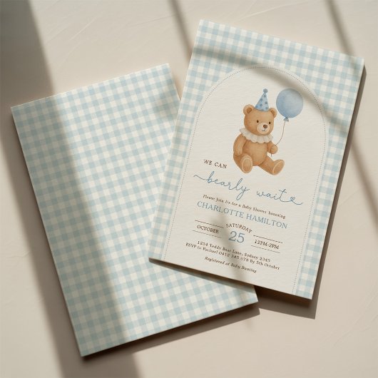 クマと一緒に待ち遠しい ベアバルーン 男の子 ベビーシャワー 招待状