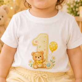 クマと一緒の1歳の誕生日おめでとうベビーTシャツ ベビーTシャツ