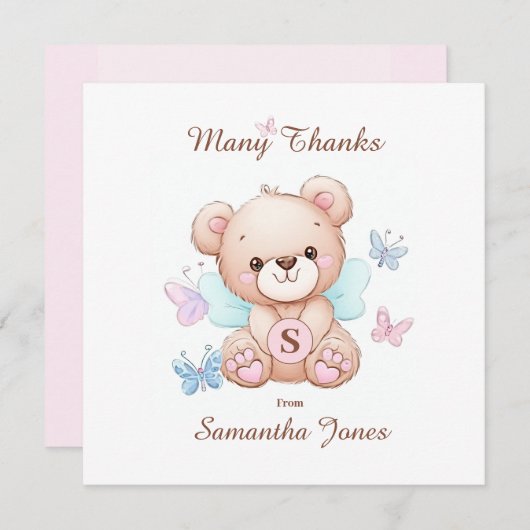 クマと蝶のパーソナライズされたサンキューカード サンキューカード (正面/裏面)