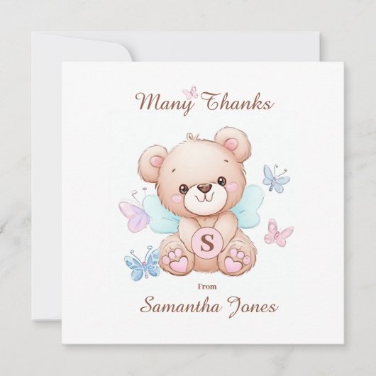 クマと蝶のパーソナライズされたサンキューカード サンキューカード (正面)