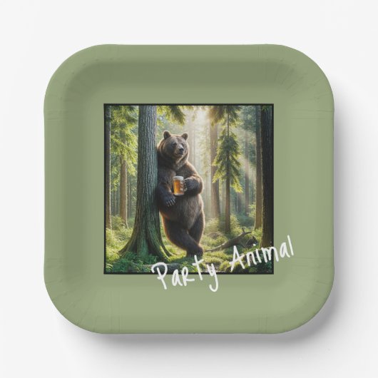 クマと誕生日ビール ペーパープレート (正面)