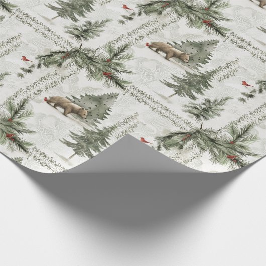 クマと赤鳥の冬の森の風景 ラッピングペーパー (角)