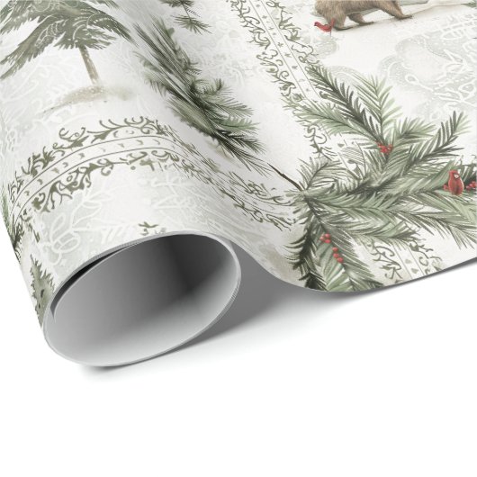 クマと赤鳥の冬の森の風景 ラッピングペーパー (ロールコーナー)