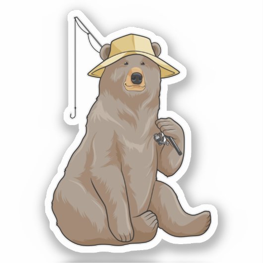 クマと魚釣り魚釣り棒 シール (正面)