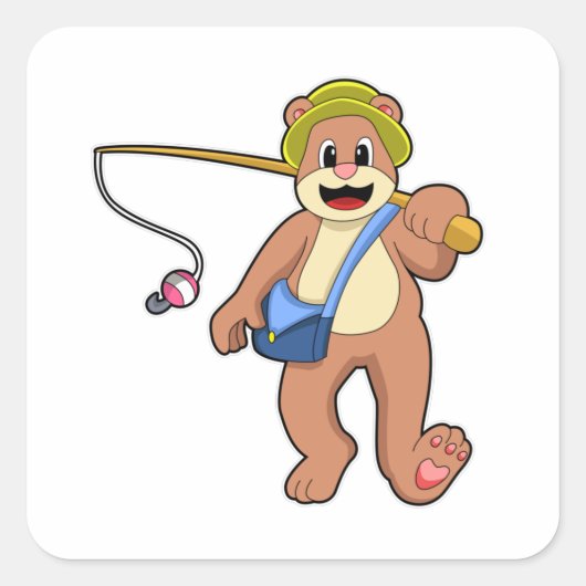 クマと魚釣り魚釣り棒 スクエアシール (正面)