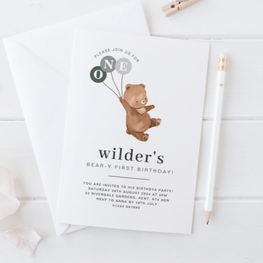 クマと3グリーンバルーン1st誕生日招待状 招待状