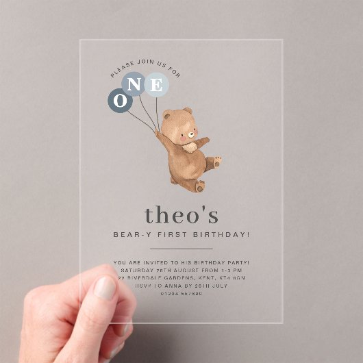 クマと3ブルーバルーン1st誕生日招待状 アクリル招待状 (インサイチュ (ポータブル))