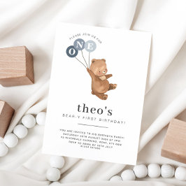 クマと3ブルーバルーン1st誕生日招待状 招待状