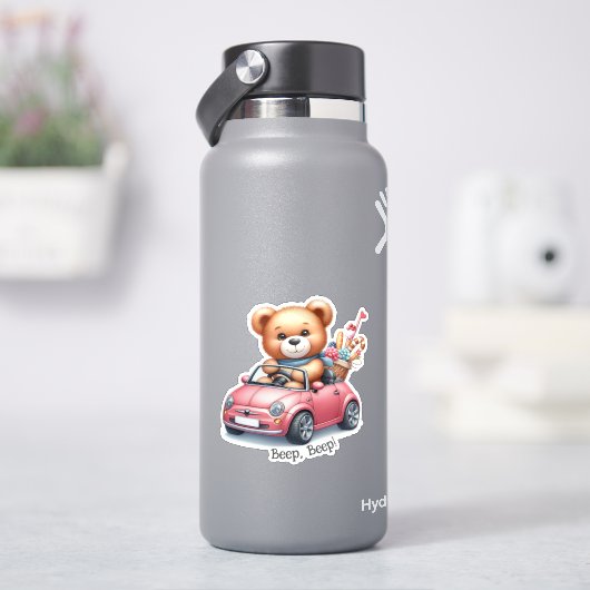 クマのぬいぐるみがコンバーチブルを運転する シール (HydroFlask)