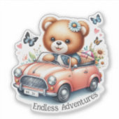 クマのぬいぐるみがコンバーチブルを運転する シール (正面)
