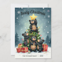 クマのクリスマスツリーファミリーネームクリスマスカード