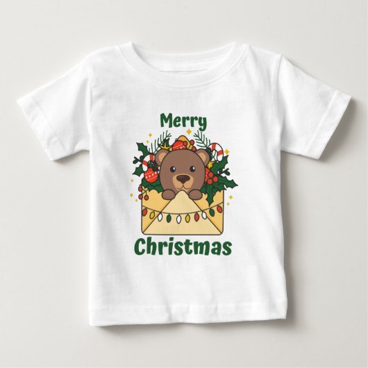 クマのクリスマスレター冬の動物クマ ベビーTシャツ (正面)
