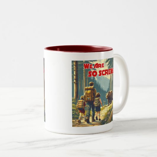 クマのハイキングをしていると思う ツートーンマグカップ (正面右)