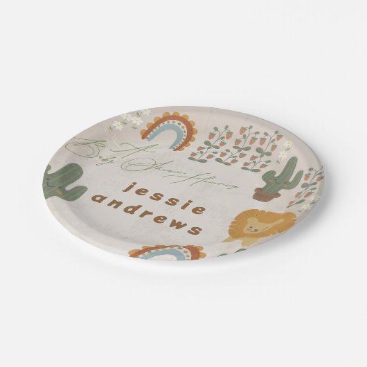 クマのバニーのライオンのサボテンのウッドランドモダンの赤ちゃんシャワー ペーパープレート (アングル)