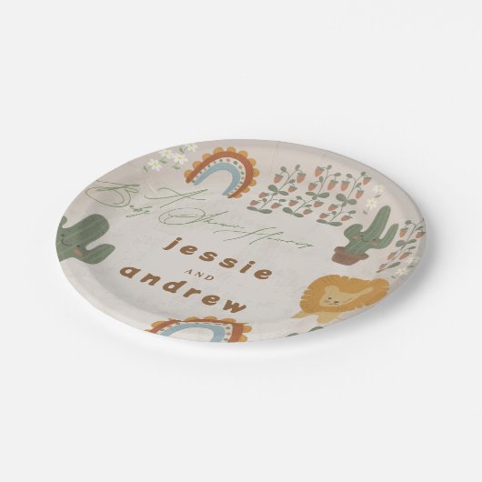 クマのバニーのライオンのサボテンのウッドランドユニセックスの赤ちゃんシャワー ペーパープレート (アングル)