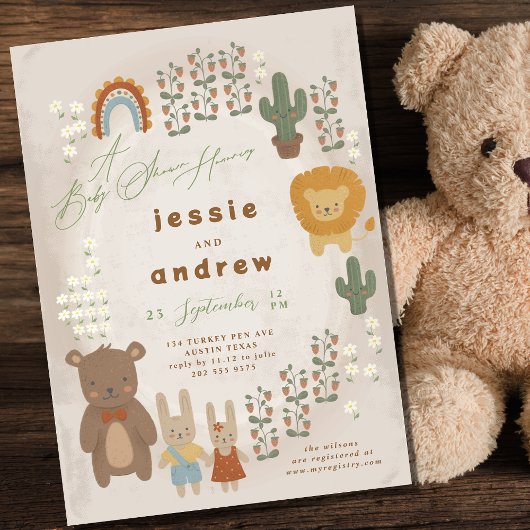 クマのバニーのライオンのサボテンのウッドランドユニセックスの赤ちゃんシャワー 招待状
