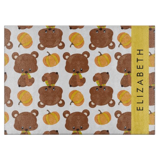 クマのパターン,かわいいクマ,かぼちゃあなたの名前 カッティングボード (正面)