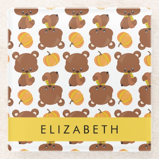 クマのパターン，かわいいクマ，かぼちゃあなたの名前 ガラスコースター (正面)