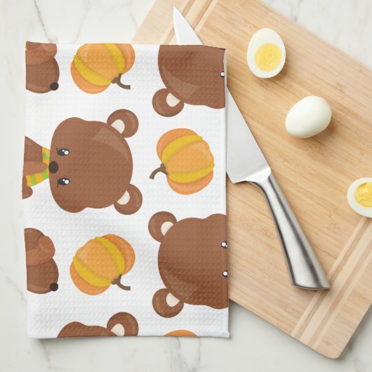 クマのパターン，かわいいクマ，かぼちゃあなたの名前 キッチンタオル (四つ折り)