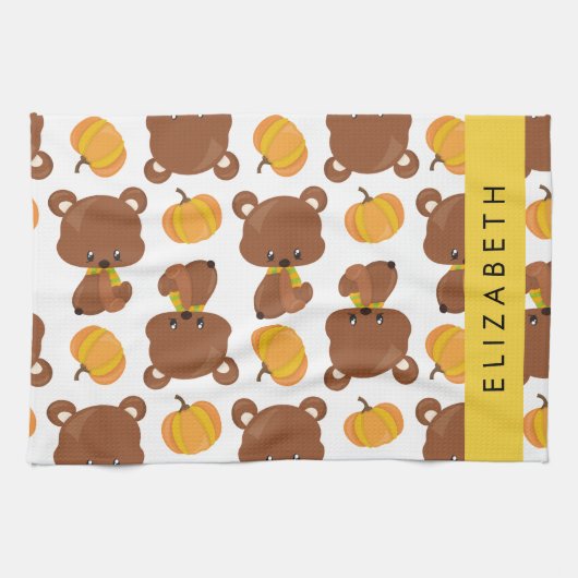 クマのパターン，かわいいクマ，かぼちゃあなたの名前 キッチンタオル (横)