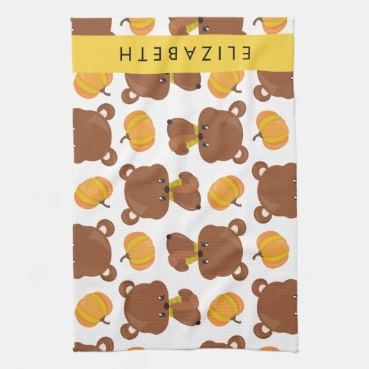 クマのパターン，かわいいクマ，かぼちゃあなたの名前 キッチンタオル (縦)