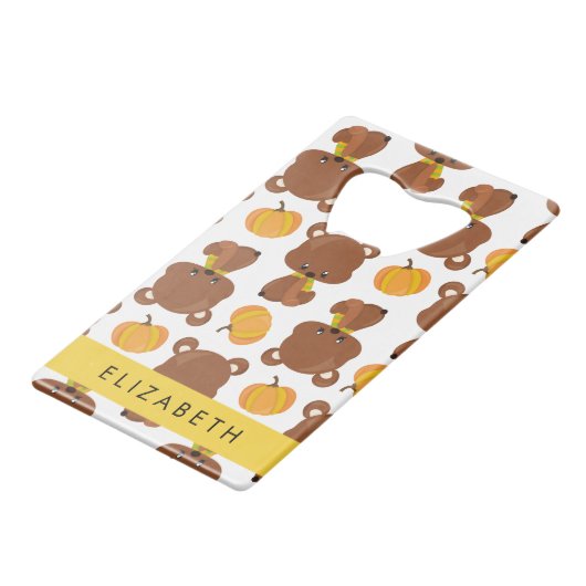 クマのパターン，かわいいクマ，かぼちゃあなたの名前 クレジットカード栓抜き (正面アングル)
