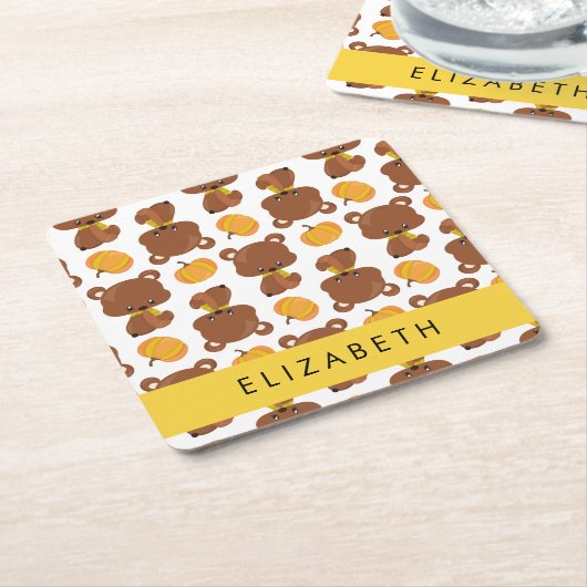 クマのパターン,かわいいクマ,かぼちゃあなたの名前 スクエアペーパーコースター (アングル)