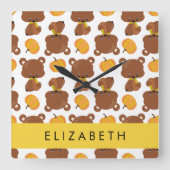 クマのパターン，かわいいクマ，かぼちゃあなたの名前 スクエア壁時計 (正面)