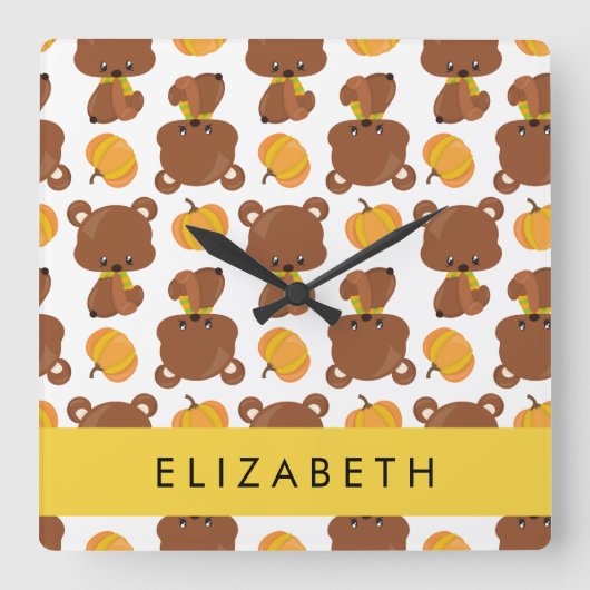 クマのパターン,かわいいクマ,かぼちゃあなたの名前 スクエア壁時計 (正面)