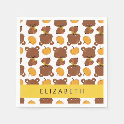 クマのパターン，かわいいクマ，かぼちゃあなたの名前 スタンダードカクテルナプキン (正面)