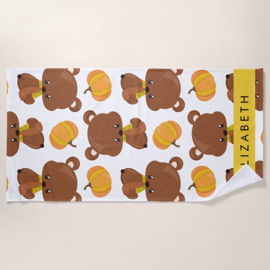クマのパターン，かわいいクマ，かぼちゃあなたの名前 ビーチタオル (正面)