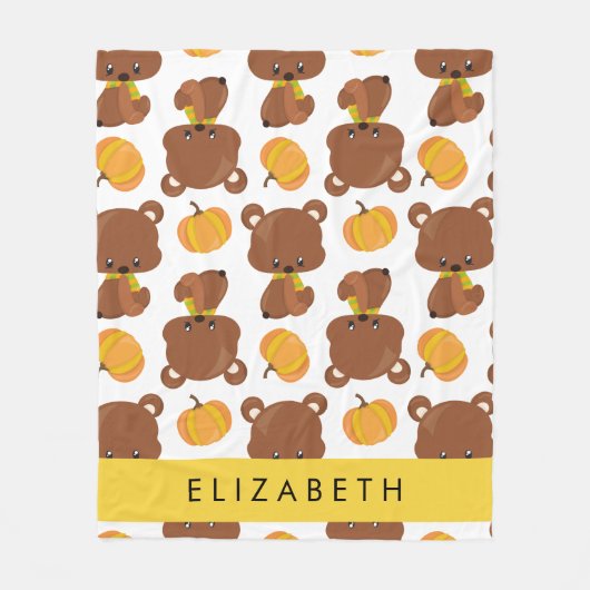 クマのパターン,かわいいクマ,かぼちゃあなたの名前 フリースブランケット (正面)