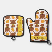 クマのパターン，かわいいクマ，かぼちゃあなたの名前 鍋つかみ&鍋敷きセット (正面)