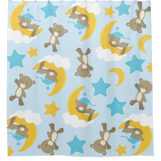 クマのパターン，かわいいクマ，テディベア，スター シャワーカーテン (正面)