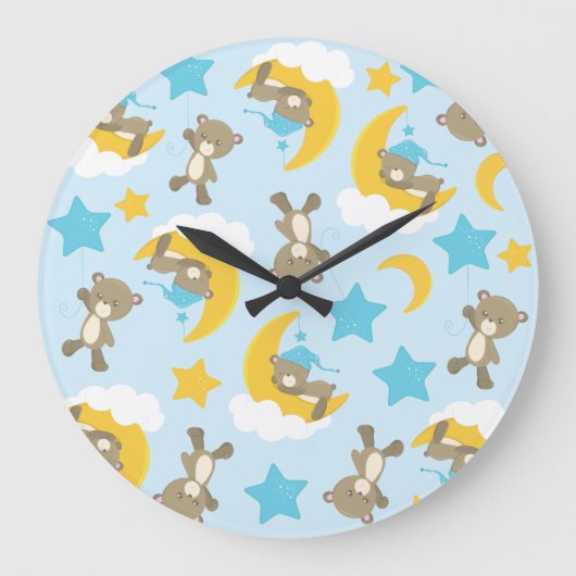 クマのパターン，かわいいクマ，テディベア，スター ラージ壁時計 (正面)