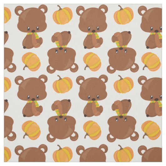 クマのパターン，かわいいクマ，秋，カボチャ ファブリック (見本)
