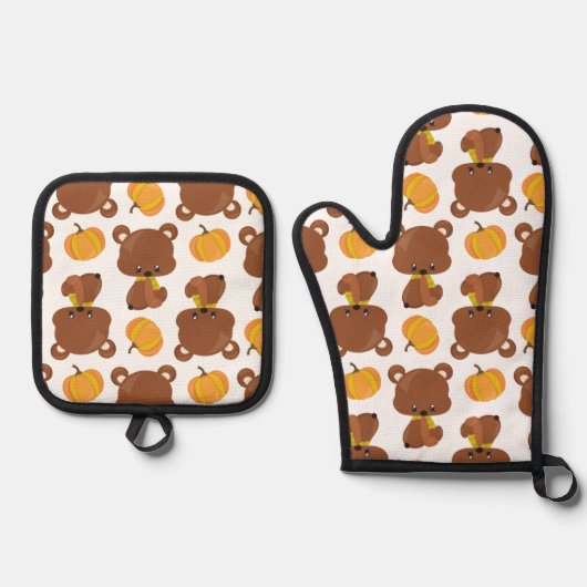 クマのパターン,かわいいクマ,秋,カボチャ 鍋つかみ&鍋敷きセット (正面)