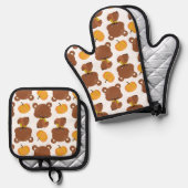 クマのパターン，かわいいクマ，秋，カボチャ 鍋つかみ&鍋敷きセット (正面/裏面)