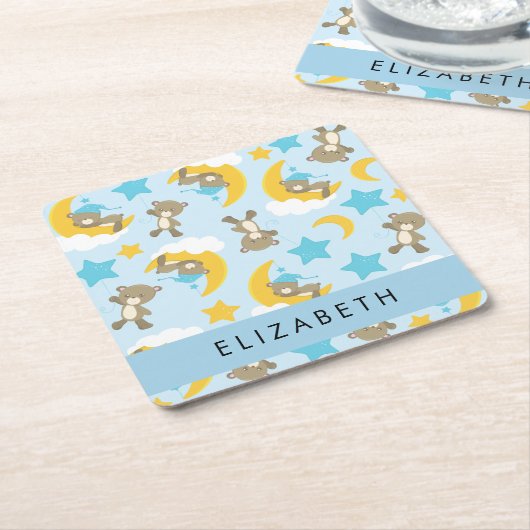 クマのパターン,テディベア,スター,あなたの名前 スクエアペーパーコースター (アングル)