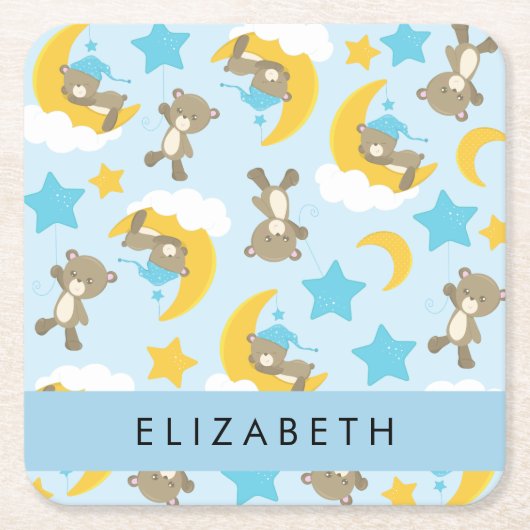 クマのパターン,テディベア,スター,あなたの名前 スクエアペーパーコースター (正面)