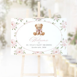 クマのピンクのリボンと花 赤ちゃんの歓迎ベビーシャワー ポスター