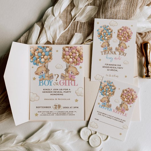 クマのピンクの青い風船がジェンダーの明けを待つ 招待状