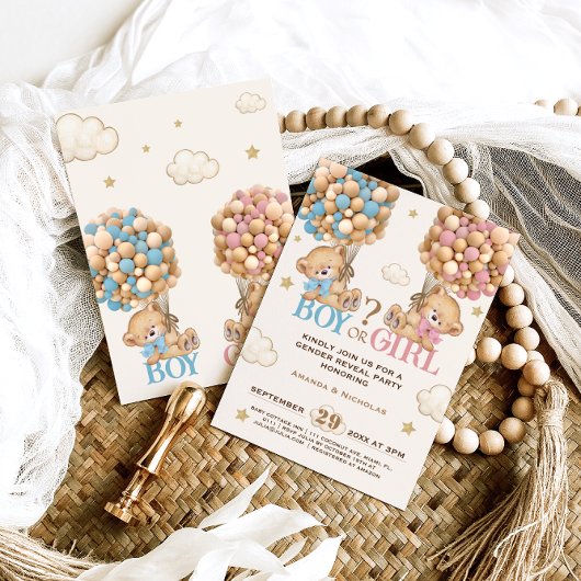 クマのピンクの青い風船がジェンダーの明けを待つ 招待状