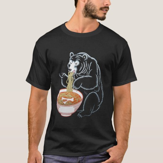 クマの動物が麺類を食べている Tシャツ (正面)